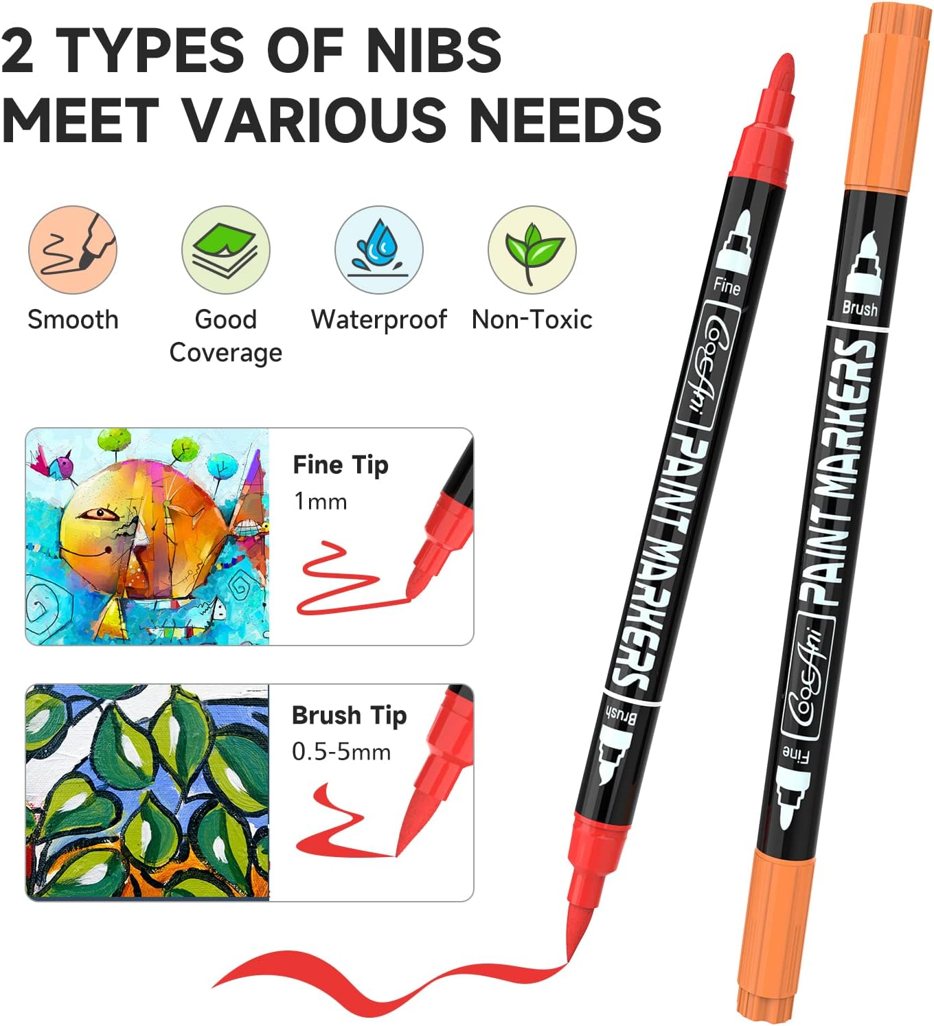 32 Colors Paint Markers, Dual Tip Acrylic Paint Markers for Wood, Canvas, Glass, Ceramic, Fabric,Rock Painting, DIY Crafts Making Art Supplies (Fine Tip and Brush Tip)