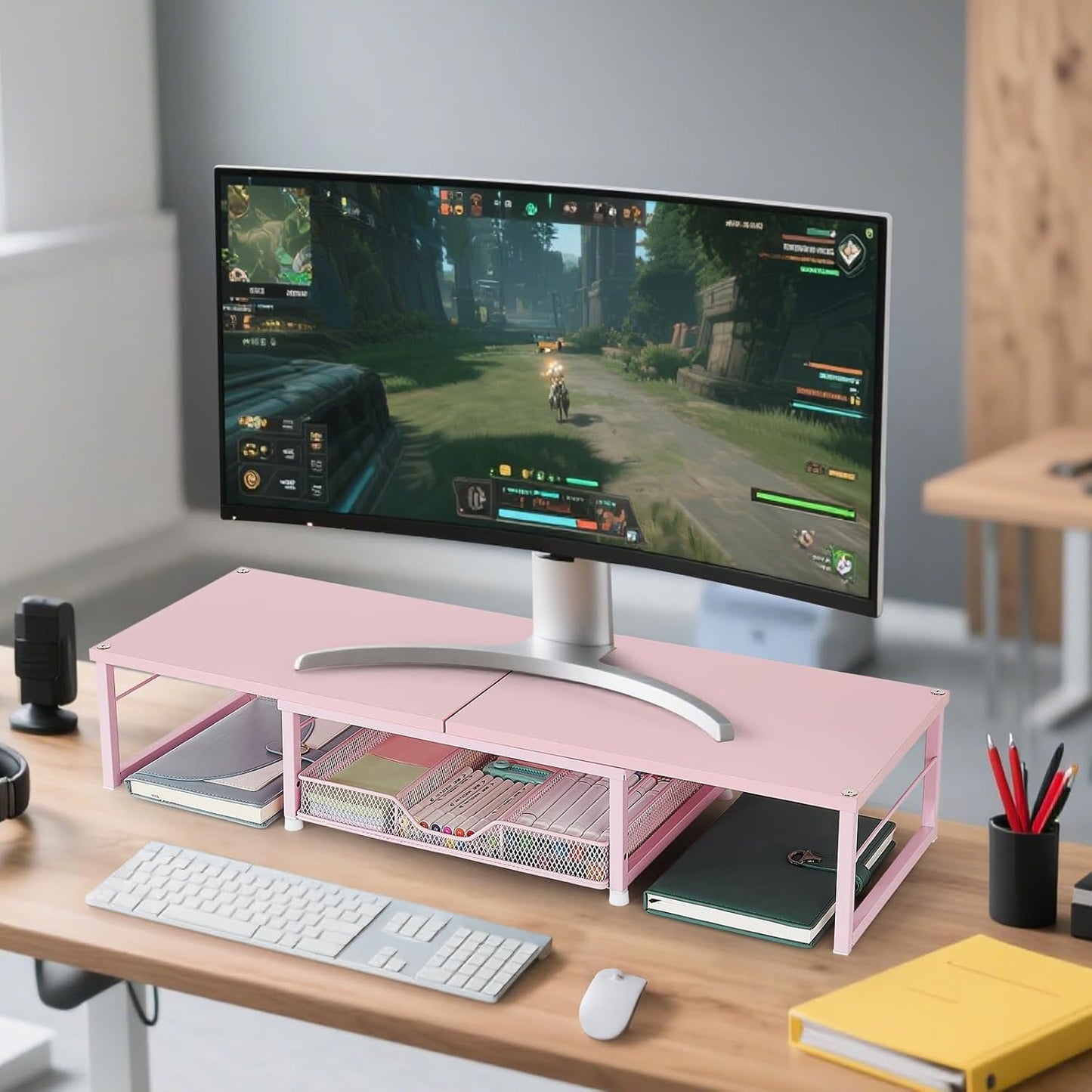 Dual Monitor Stand Riser, Desk Organizer with Drawer, Office Desk Organizers and Accessories, Office Workspace Organization Computer Monitor Stand for Laptop, Printer, TV（Pink）