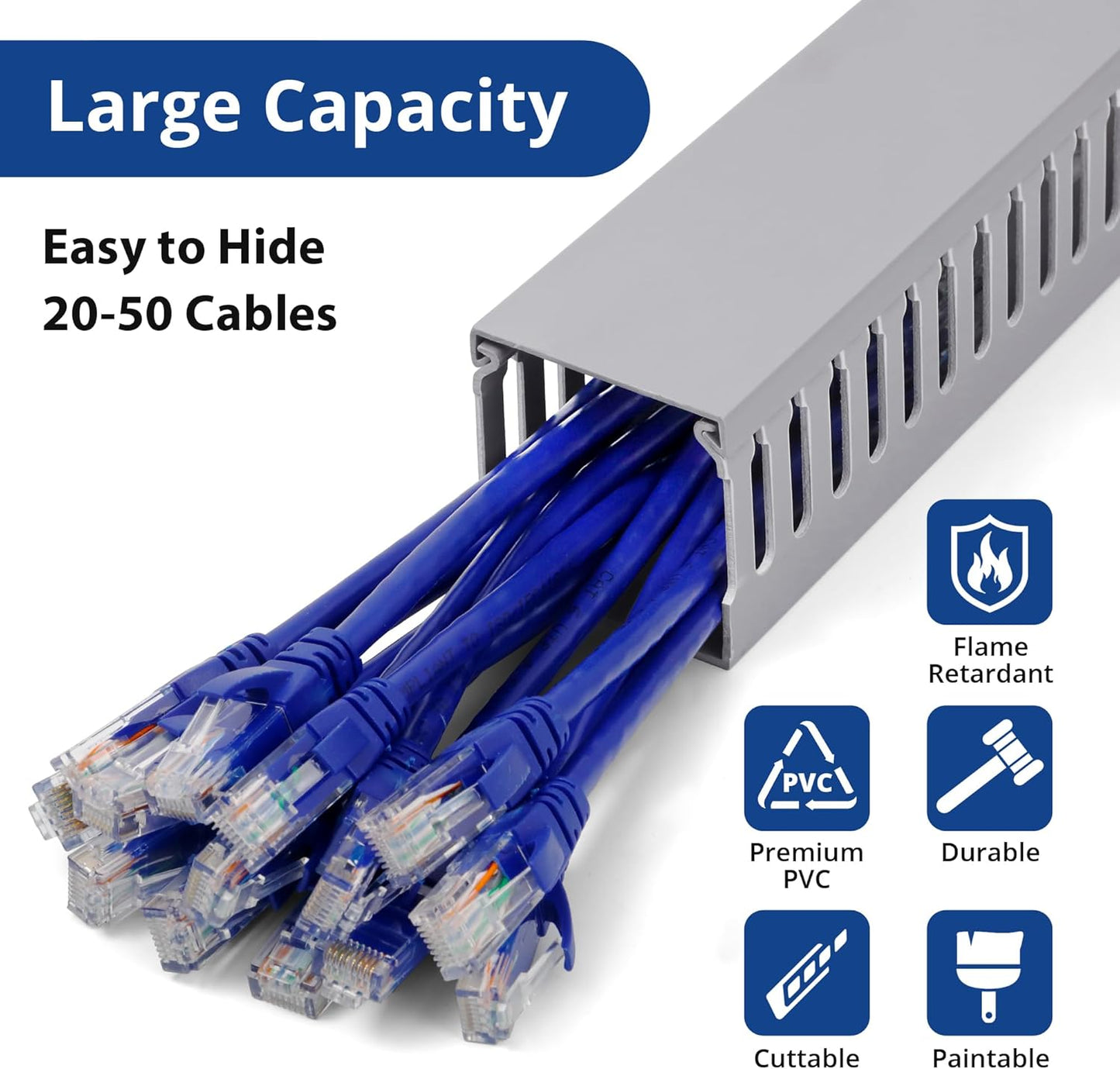 68in (4X L17in) Professional Server Rack Cable Management Raceway, H2.4 x W2in Large Capacity Cable Raceway Kit, Electrically Safe PVC, Open Slot Wire Raceway for Under Desk/Computer/Network Cords