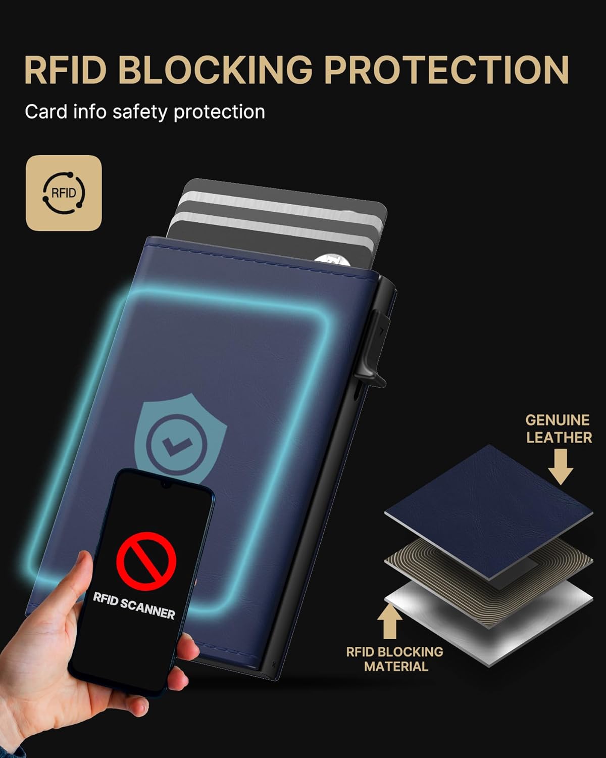 typecase Mens Wallet Card Holder: Pop Up Aluminum Case, Premium Genuine Leather, Smart, RFID Blocking, Slim, Minimalist, Front Pocket - 9-14 Card Capacity | ID Window | Cash Slot (Navy)