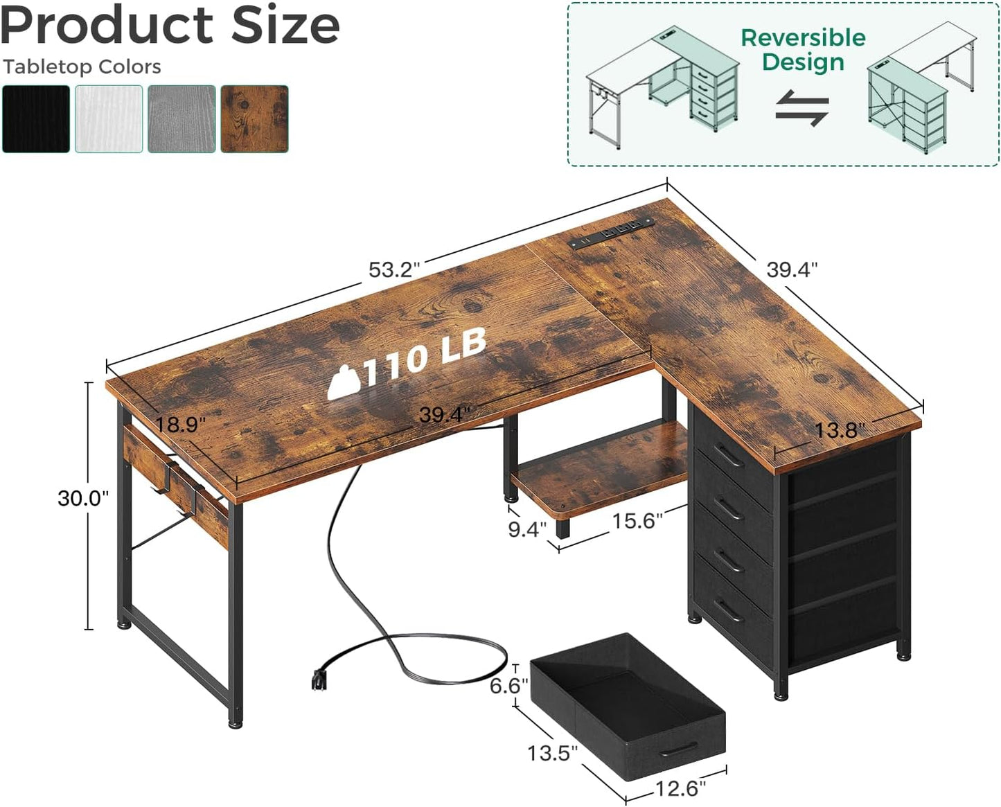 Casaottima L Shaped Desk with 4 Tier Drawers, 53" Gaming Desk with Power Outlets & USB, Reversible L-Shaped Computer Desk with CPU Stand, Home Office Corner Desk with Storage, Easy Assemble, Vintage