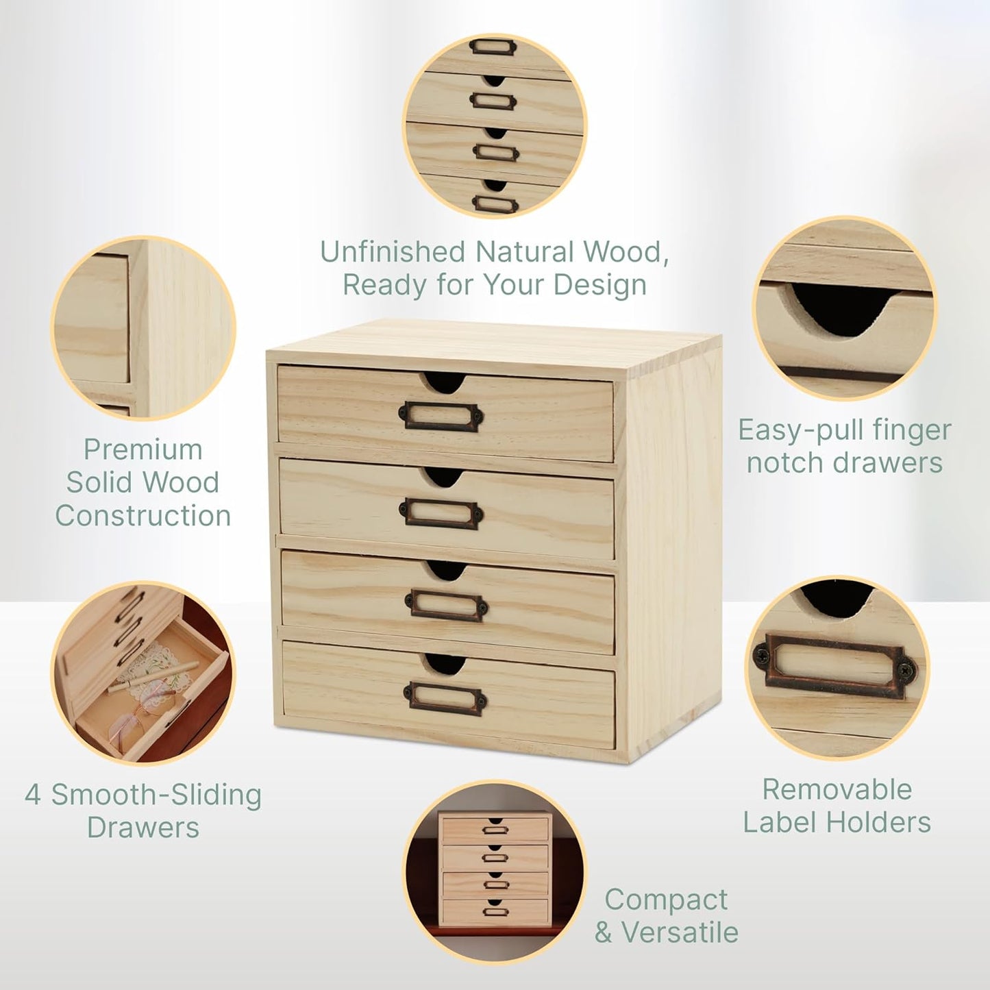 DIY Wooden Desk Organizer with Drawers – Unfinished 4-Drawer Desktop Storage Box – Personalizable Wood Desk Organizer for Crafts, Office, or Home – Compact Wooden Storage Drawers Ready to Decorate