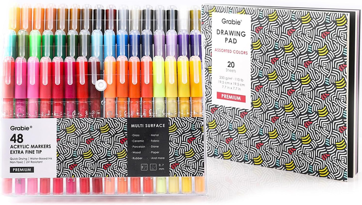 Grabie Acrylic Paint Pens Markers, 48 Colors, 0.7 mm, Extra Fine Tip Drawing Markers, Premium Paint Pens for Painting on Various Surface, Art Supplies