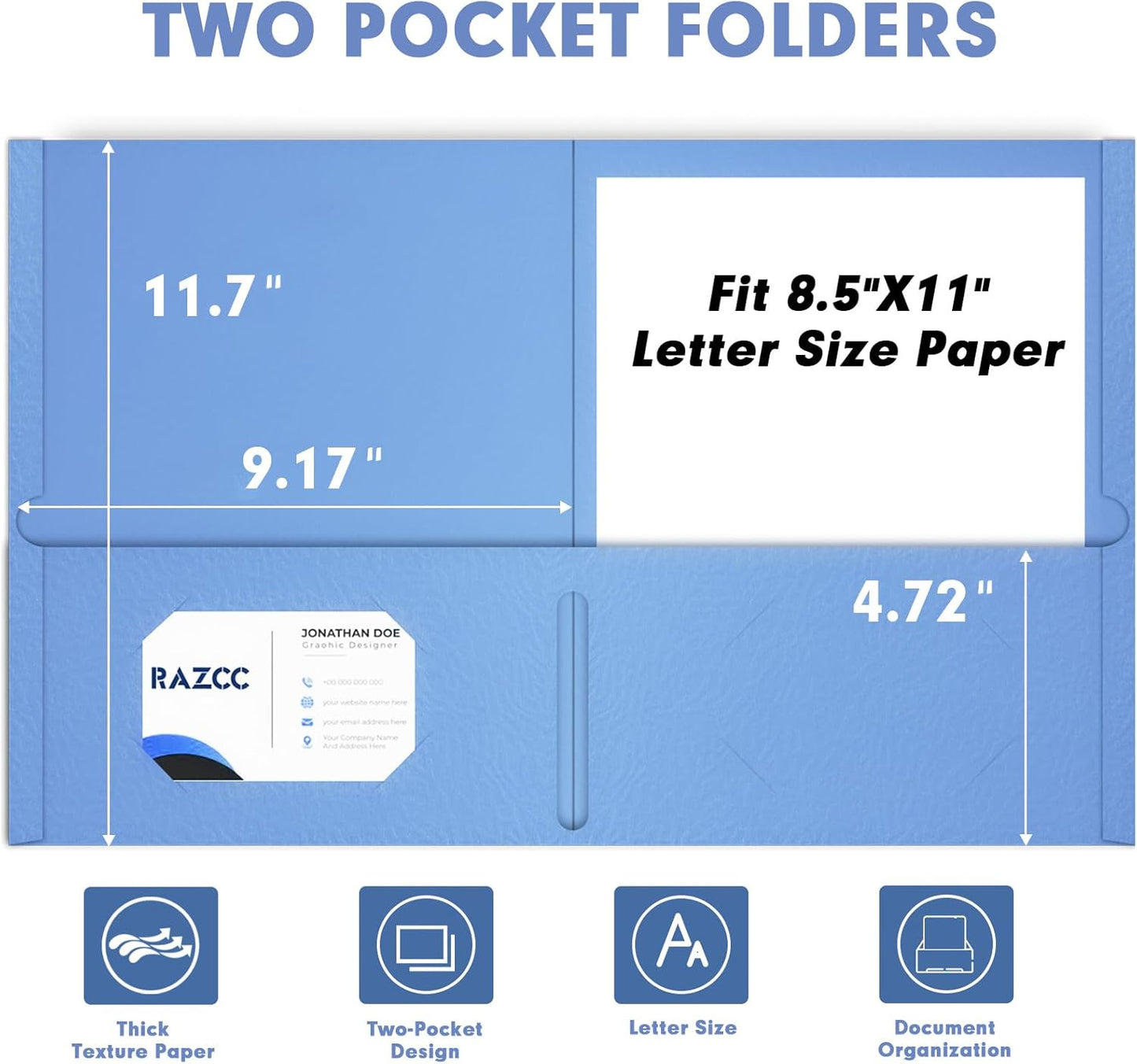 Two Pocket Folders, RAZCC 30 Pack File Folders with Pockets Fit Letter Size Paper, Thick Paper File Folder for School Office Business Home, Assorted 10 Colors