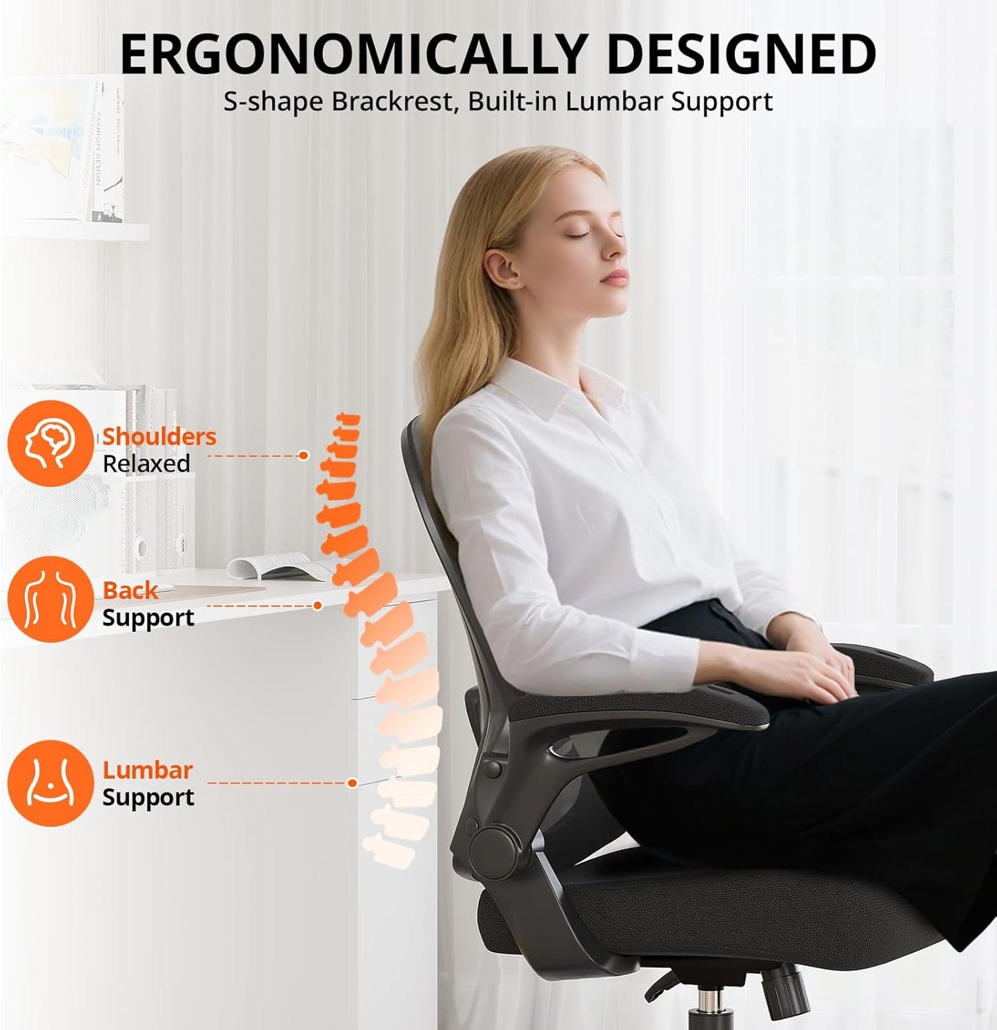 Office Chair, Ergonomic Desk Chair Breathable Mesh Chair with Adjustable High Back Lumbar Support Flip-up Armrests, Long Hours Comfortable Computer Chair for Home Office, Black