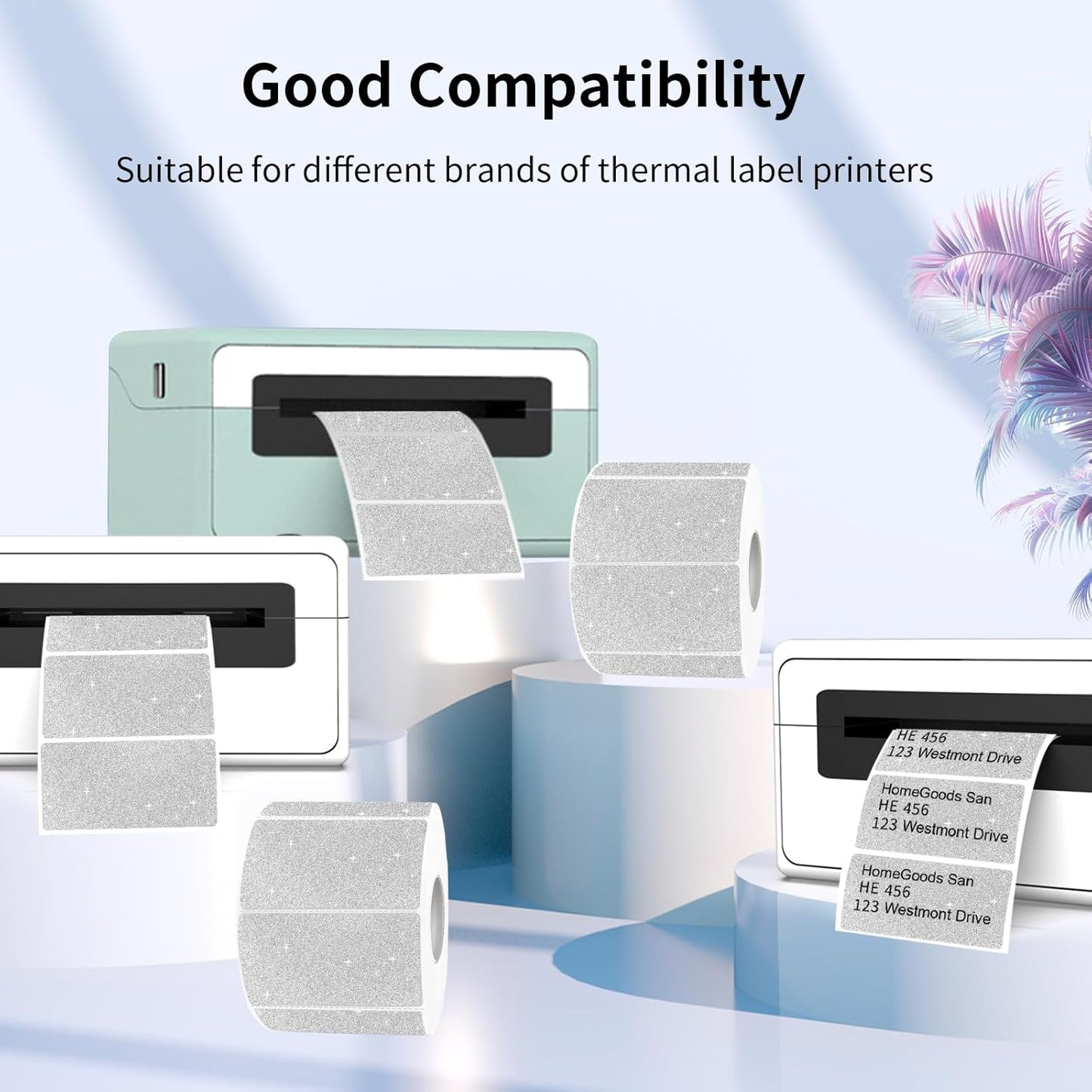 Direct Thermal Label 2x1 Inch- Barcode Labels- Holographic Thermal Sticker Labels for Address, Shipping, Compatible with Rollo Label Printer & MUNBYN& Zebra (300 /Shiny Silver)