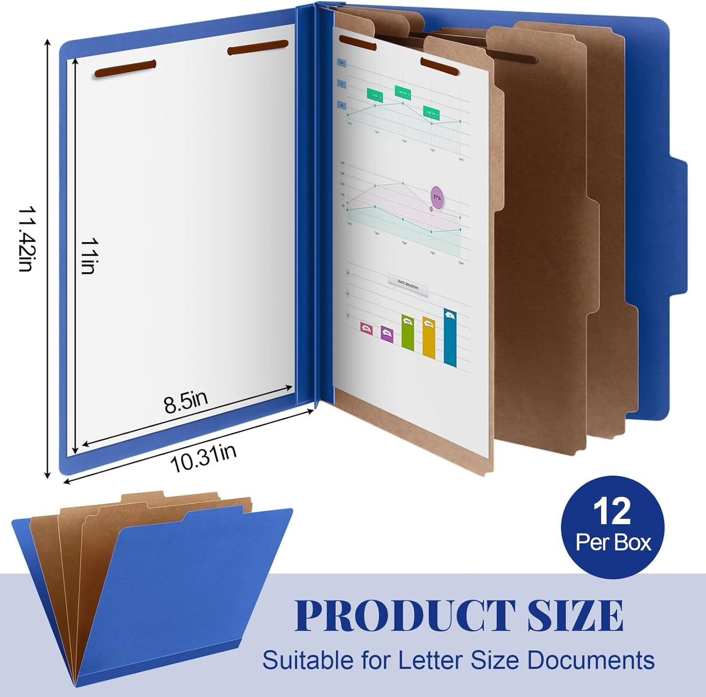 12 Pcs Classification Folders Letter Size, 3 Divider Pressboard File Folder with Fasteners, Expanding File Organizer Bulk for Teachers, Clergy, Office, Church, Christmas Donations (Dark Blue)