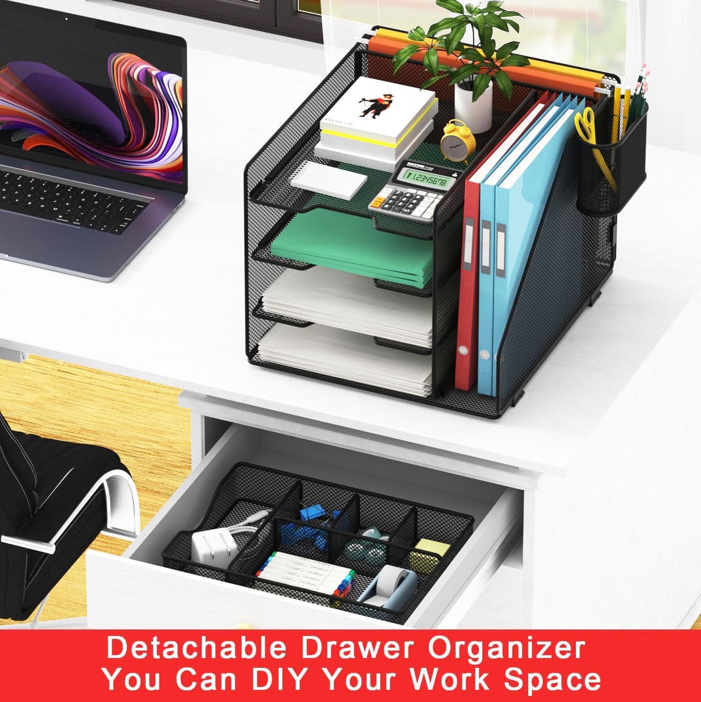Desk Organizer with Hanging File Holder, Paper Letter Tray Organizer with Drawer and Pen Holder, Mesh Desktop Organizer and Storage for Office Supplies(Black)