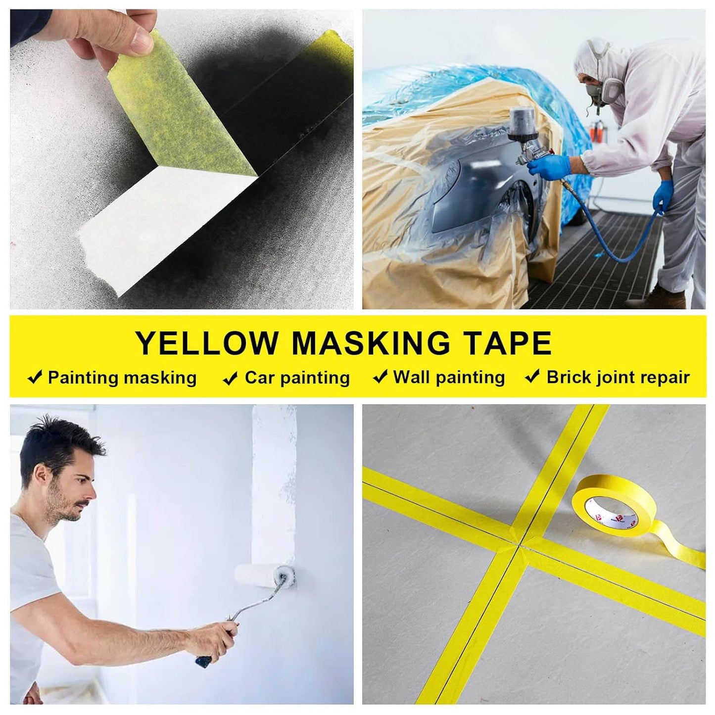 BOMEI PACK Yellow Painters Tape 2 inch Wide, Yellow Masking Tape 3 Rolls x 2 inch x 60 Yards (180 Total Yards) Residue-Free Painting Tape for Labeling, DIY Crafting, Decoration and School Projects