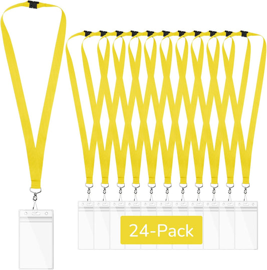 24-Pack Yellow Breakaway Lanyards with Waterproof Badge Holders, Metal Hook,Polyester Neck Straps for ID Cards, Events, Office, and Schools