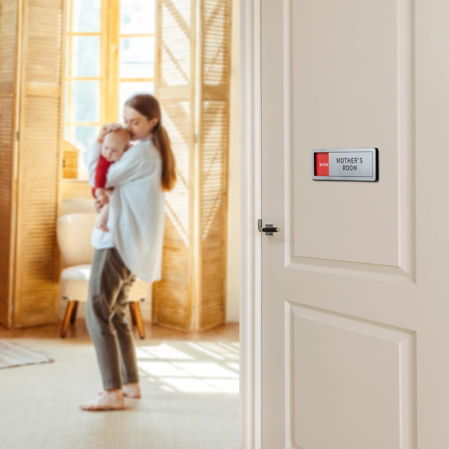 2 Pack Mom Door Sign - Do Not Disturb, Breastfeeding, Slide Door Sign (Brushed Silver, 8" x 2.6")