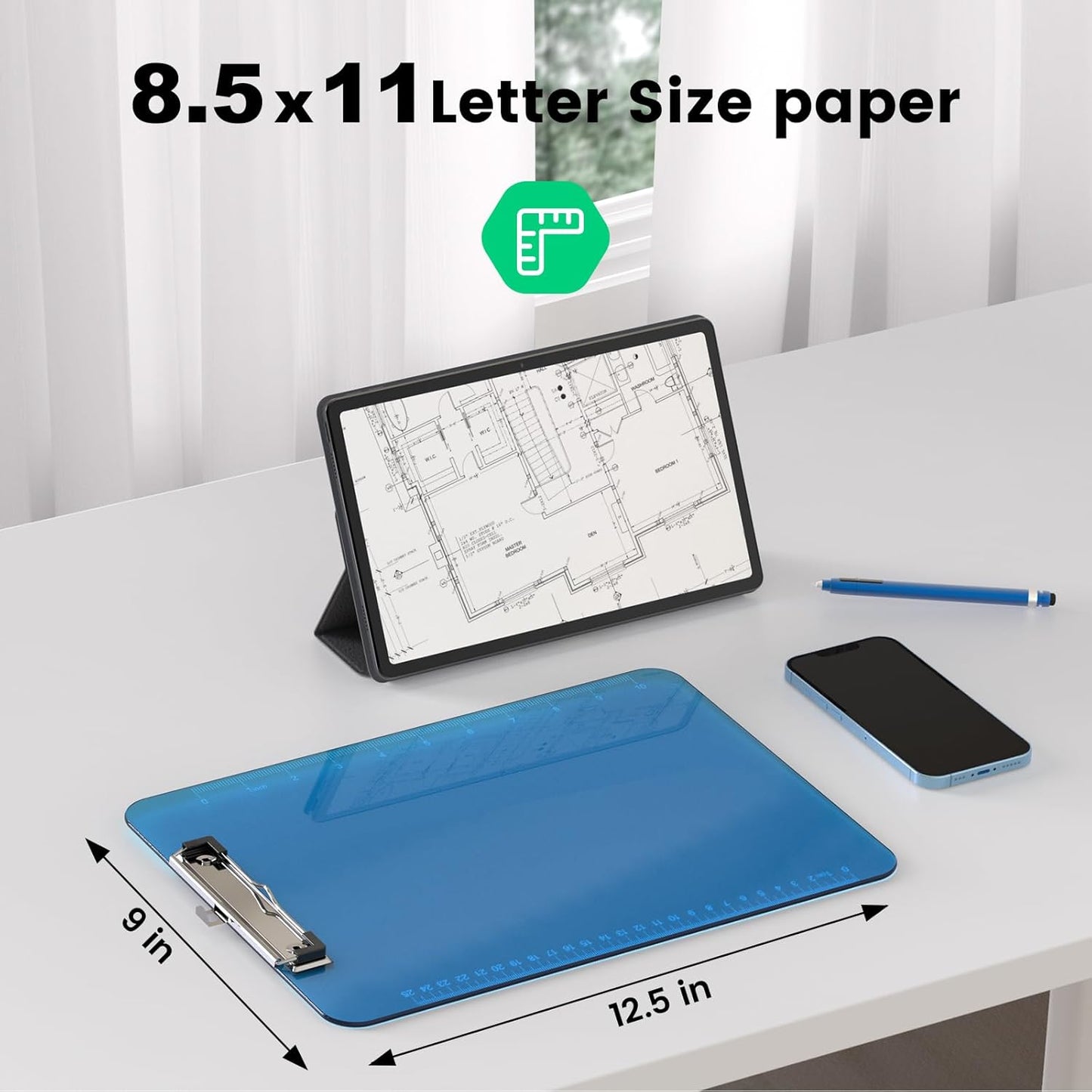 Bulk Clipboards Set of 6, 8.5x11 Plastic Colored Clear Clip Board with Ruler, Suitable for Classroom, Students, Kid, Size 9" x 12.5" with Low Profile Clip, Office & School Supply