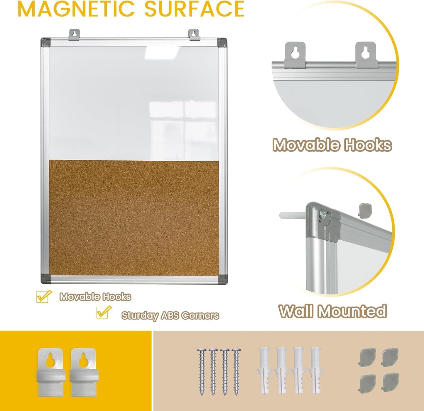 Combination Writeboard 24"x 18" Magnetic Whiteboard & Cork Board Aluminium Frame Dry Erase Board Bulletin Board Wall Mounted Memo Message