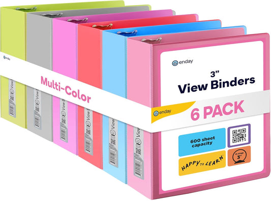 3 Slant D-Ring Binder 3 Inch, 3 in Clear View Cover with 2 Inside Pockets Binder, Heavy Duty Colored School Supplies Binders in Red, Green, Grey, Purple, Blue, Pink, Multicolor (6 PC) – by Enday