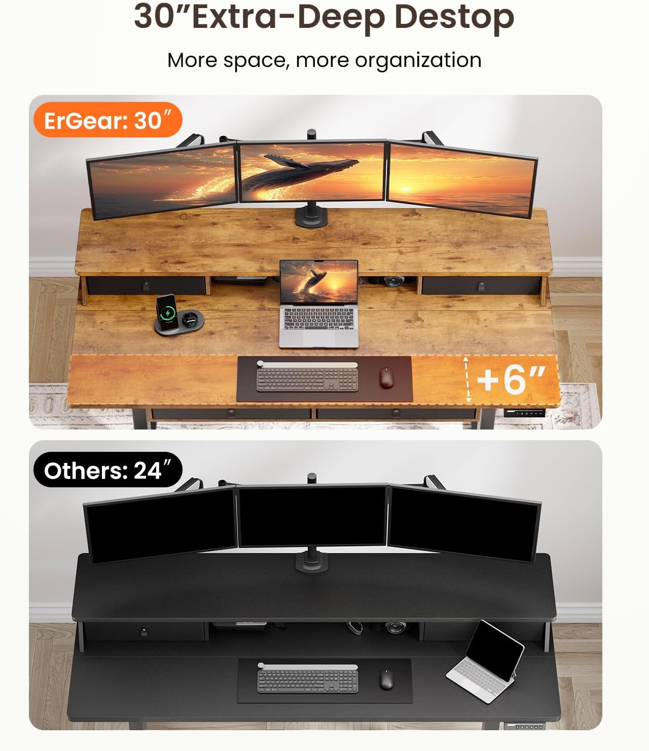 ErGear Electric Standing Desk with 4 Drawers, 63" x 30" Height Adjustable Desk with Storage, C-Clamp Mount Compatible, Computer Home Office Table with Cable Management Tray, Vintage Brown