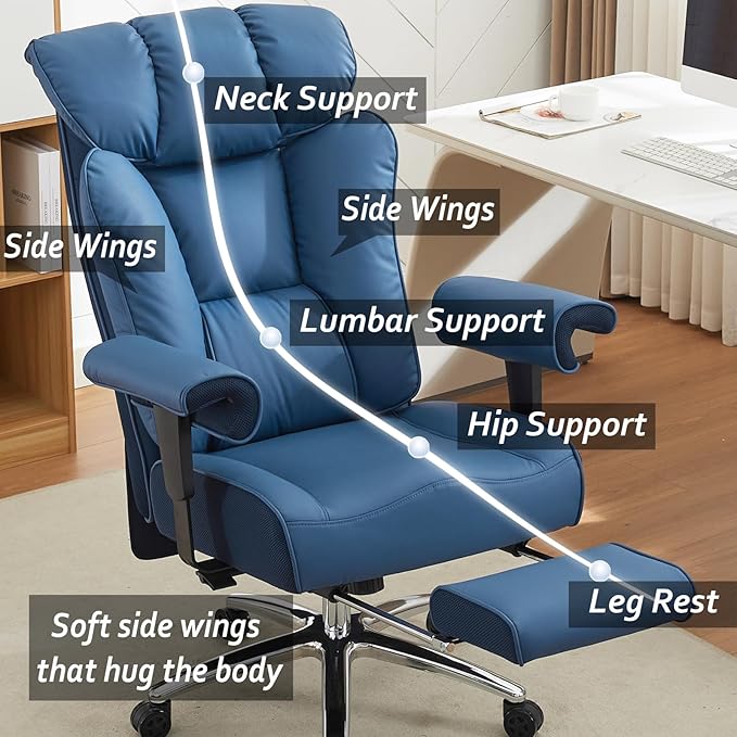 Efomao Ergonomic Office Chair 450LBS with Foot Rest, High Back PU Leather Big and Tall Executive Chair with Adjustable Padded Armrests, Lumbar Support for Home or Work, Heavy Duty Computer Chair, Blue