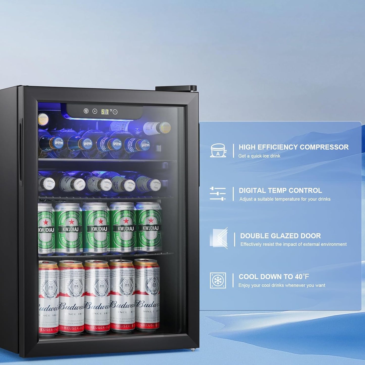 Antarctic Star Beverage Refrigerator Cooler-85 Can Mini Fridge Glass Door for Soda Beer Wine Stainless Steel Glass Door Small Drink Dispenser Digital Display for Home, Office Bar,2.6cu.ft