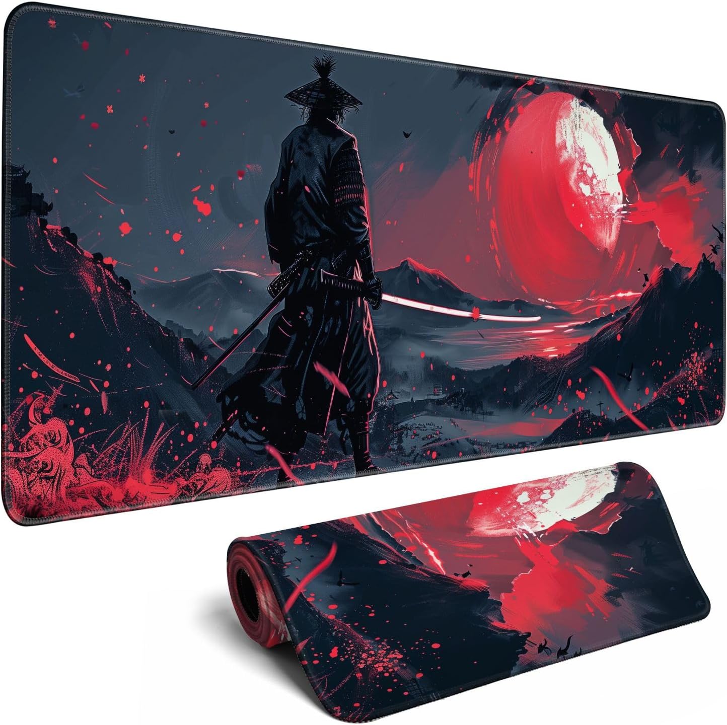 Black Desk Mat Japanese Samurai Mouse Pad XL Red Anime Big Mousepad Gaming Large Mouse Pad for Men Desk Pad with Stitched Edges Non-Slip Large Computer Mat, 31.5x11.8 in