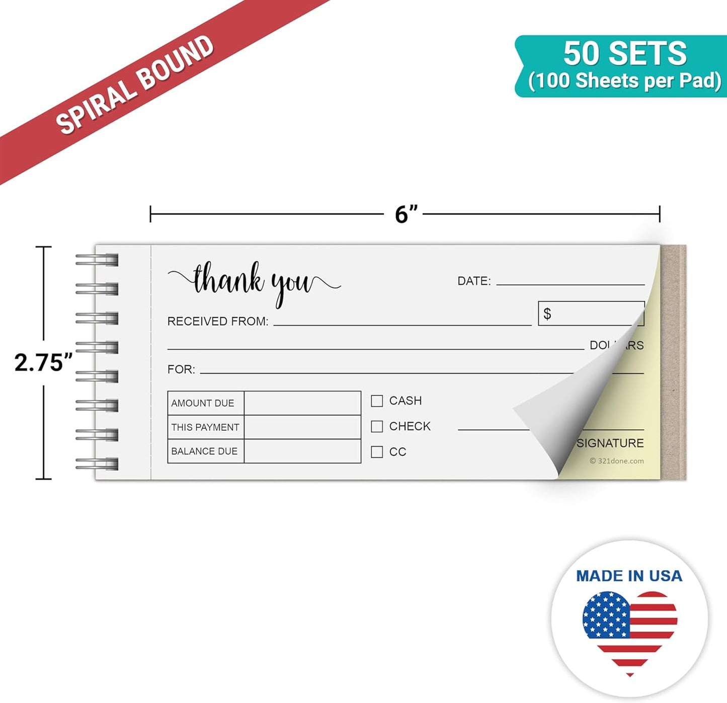 321Done Thank You Receipt Book, Made in USA - 2.75x6, 2-Part Carbonless Spiral Bound, Sales Order Form, Invoice Pad with Carbon Copies for Small Business - 50 White/Yellow Pages