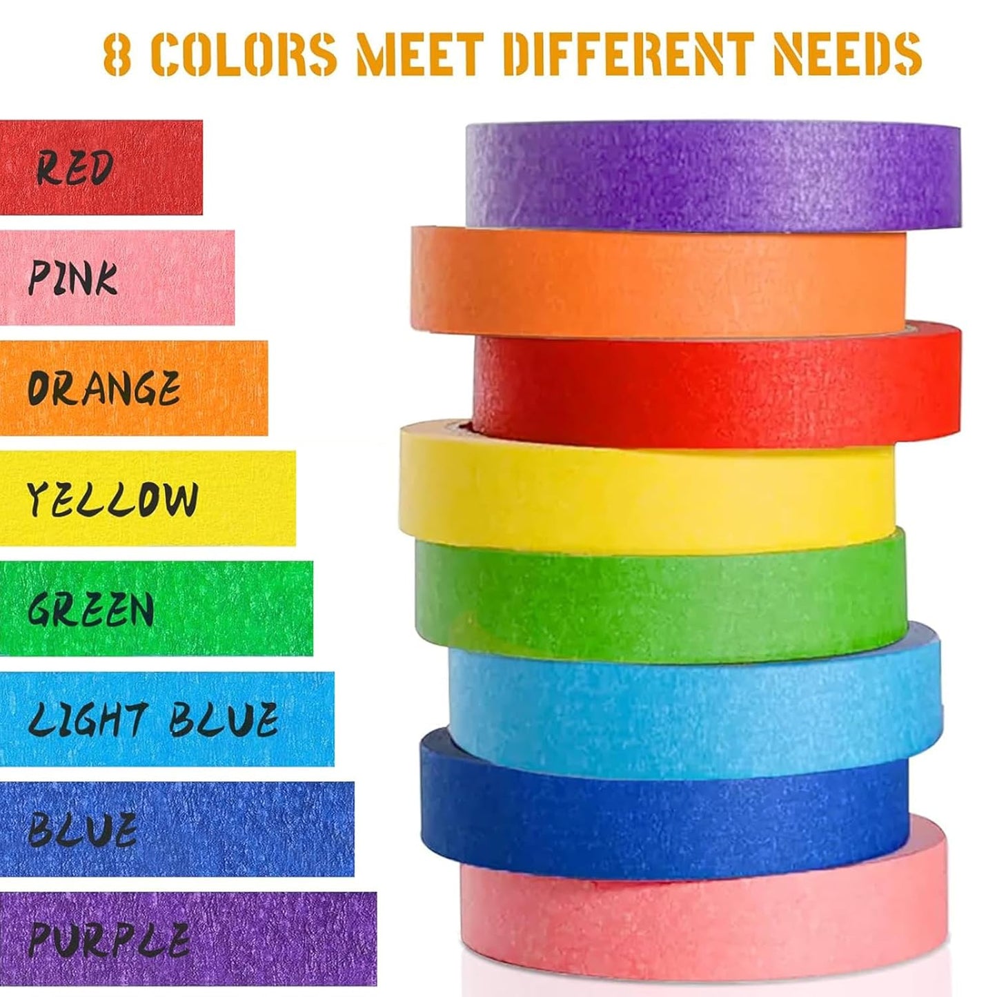 Colored Masking Tape 1 Inch Wide - 8 Rolls Colorful Masking Tape - 1312 Feet x 1 Inch Painters Tape - Vibrant Rainbow Colored Teachers Tape - Great for Art, Labeling & Classroom Decorations