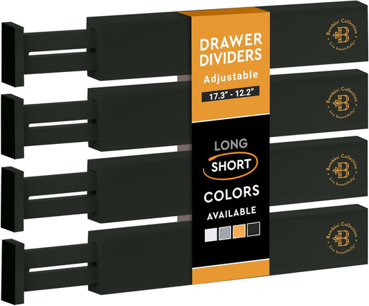 Bambüsi 4 Pack Drawer Divider - Bamboo 2.6" High, 12.5-17" Adjustable Drawer Organizers for Clothes, Expandable Dresser Separators in Bedroom/Bathroom/Kitchen/Office Organization and Storage (Black)