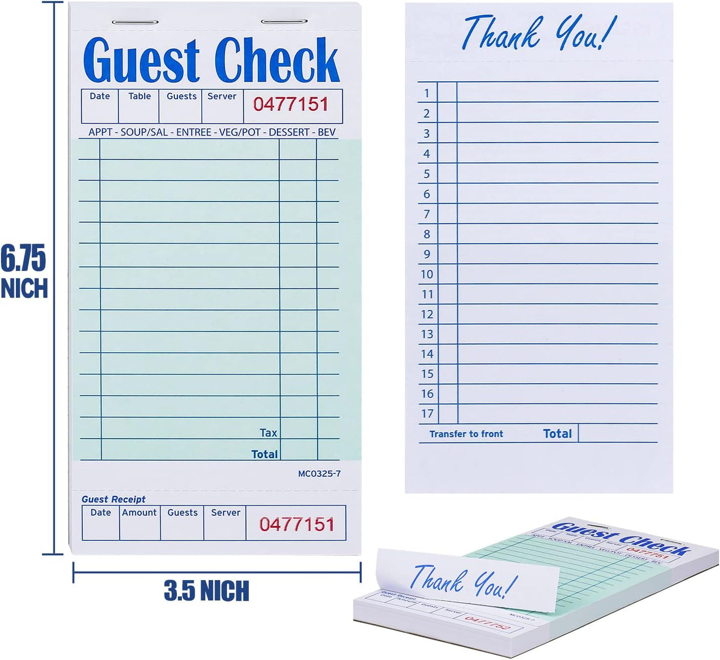 Batrical Guest Checks Server Note Pads 1000 Sheets Waitress Notepad for Restaurants (20 Books) 3.5" x 6.75" Per Ticket Book