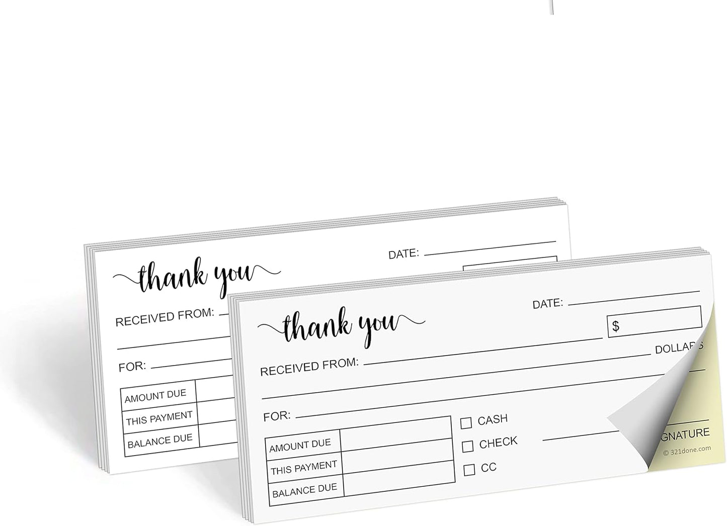 321Done Thank You Receipt Book 2-Pack, 2.75x6 Pocket Size 2-Part Carbonless, Made in USA, Cute Handheld Duplicate Copy Order Form for Craft Boutique Business (50 Sets) White/Yellow