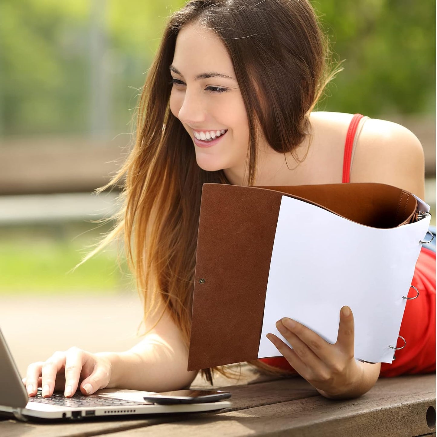 Leather 3 Ring Binder Holds 8.5 x 11 Inch Paper Binder Organizer Vintage Faux Leather Portfolio Folder Planner for Office Home Document Photo Diary Supplies(Antique Brown)