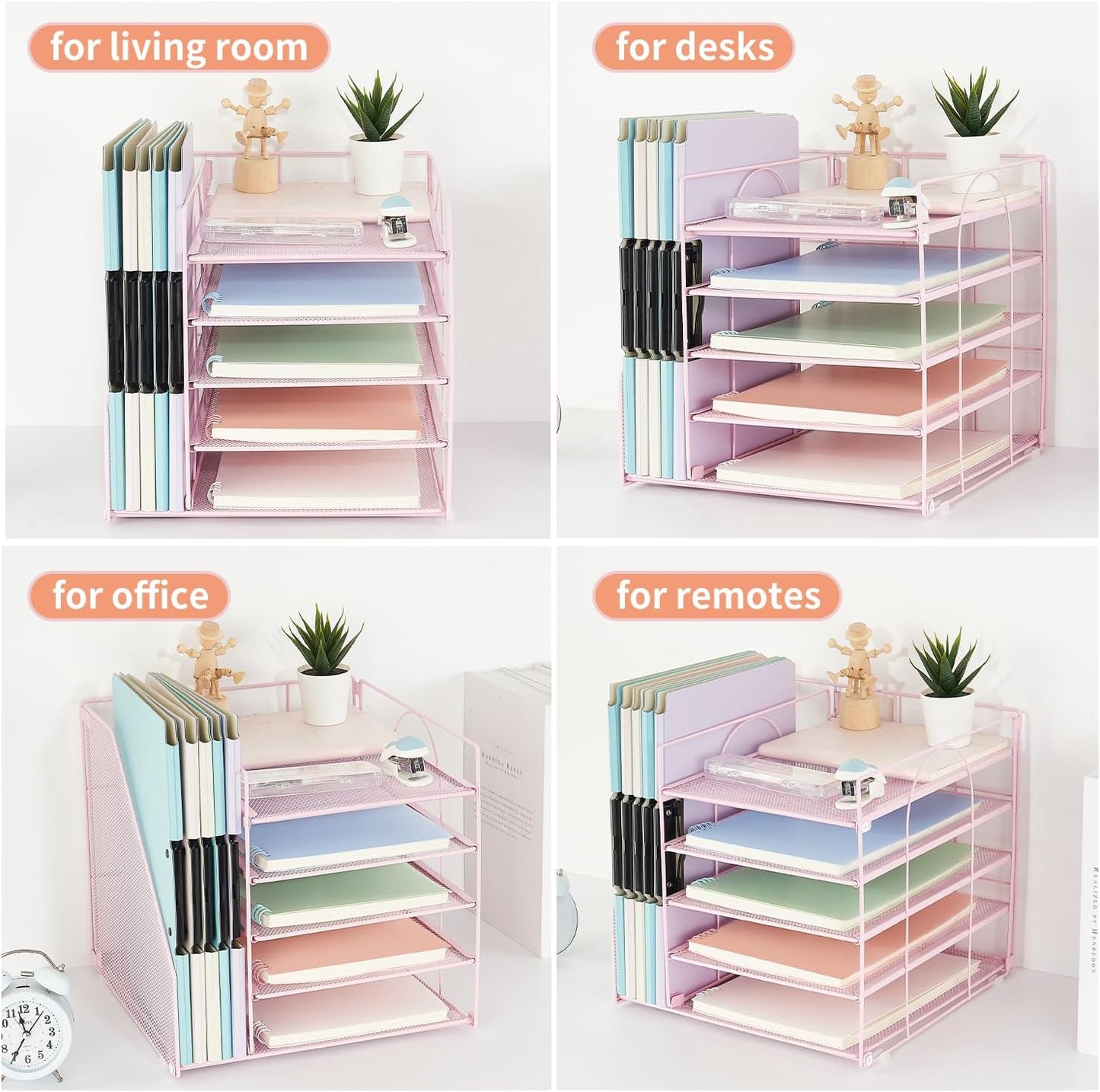 AUPSEN Desk File Organizer, 5-Tier Paper Letter Tray with File Holder Multifunction Office Supplies and Accessories for Office School Home (Pink)