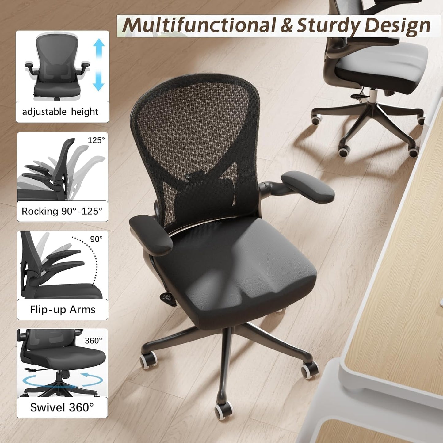Ergonomic Office Chair with Adjustable Lumbar Support & Flip-Up Armrests - High Back Computer Desk Chair with Thickened Seat Cushion, Rolling Wheels for Home/Office Study Work (01Blcak)