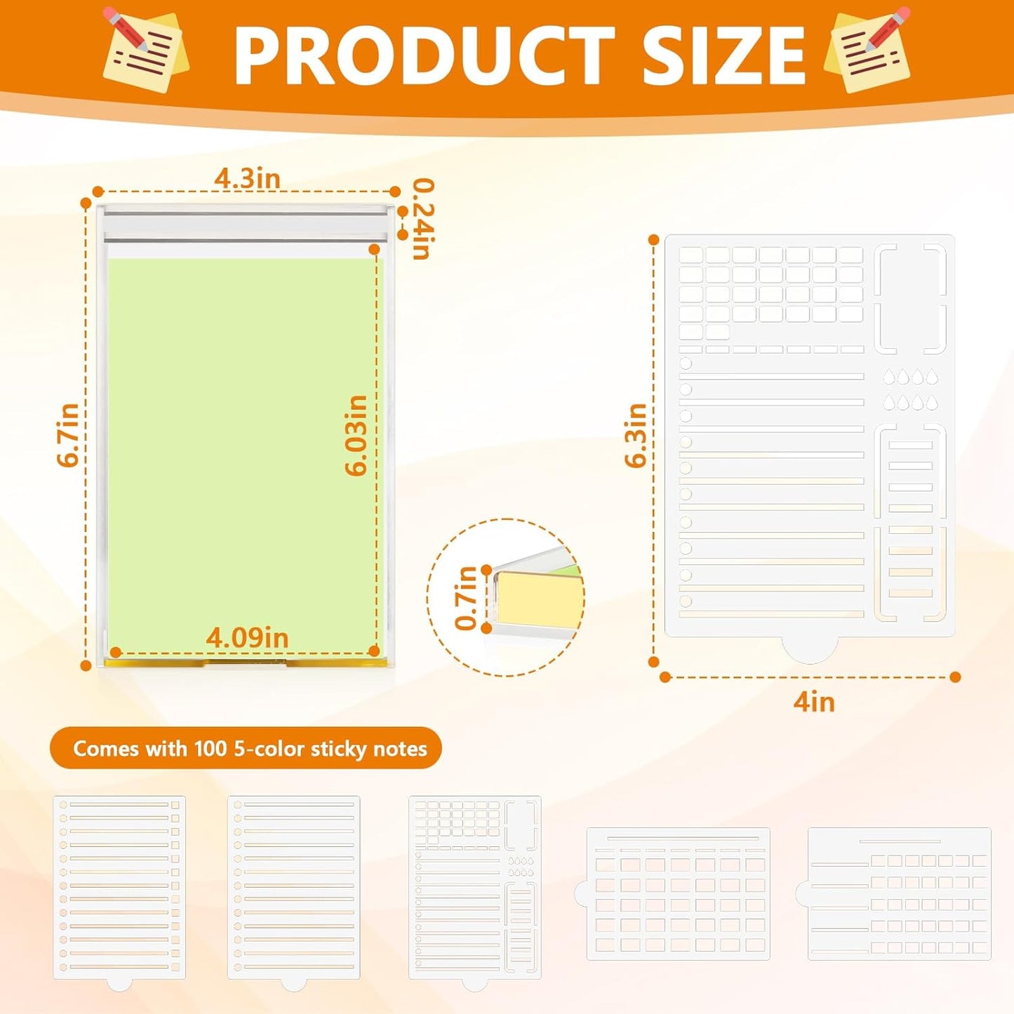4" x 6" Sticky Notes Holder with 5 Different Stencil & 100 Sheet Post It Notes Clear Acrylic Self-Stick Sticky Note Dispenser Post It Note Holder Memo Organizer for Classroom Office Desk Organizer