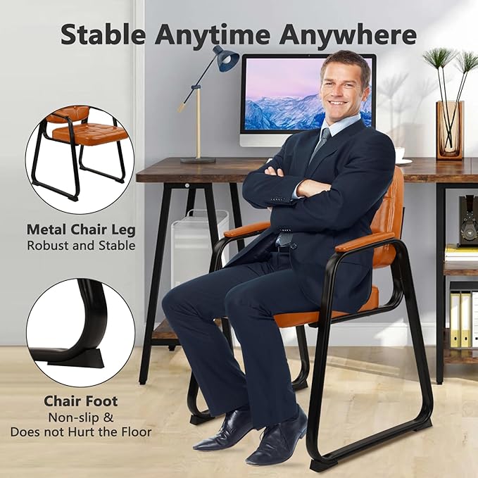 CLATINA Office Guest Chair, Leather Reception Chairs with Padded Arms, Desk Chair No Wheels Stationary for Conference Lobby Waiting Room Training Side Elderly, Orange