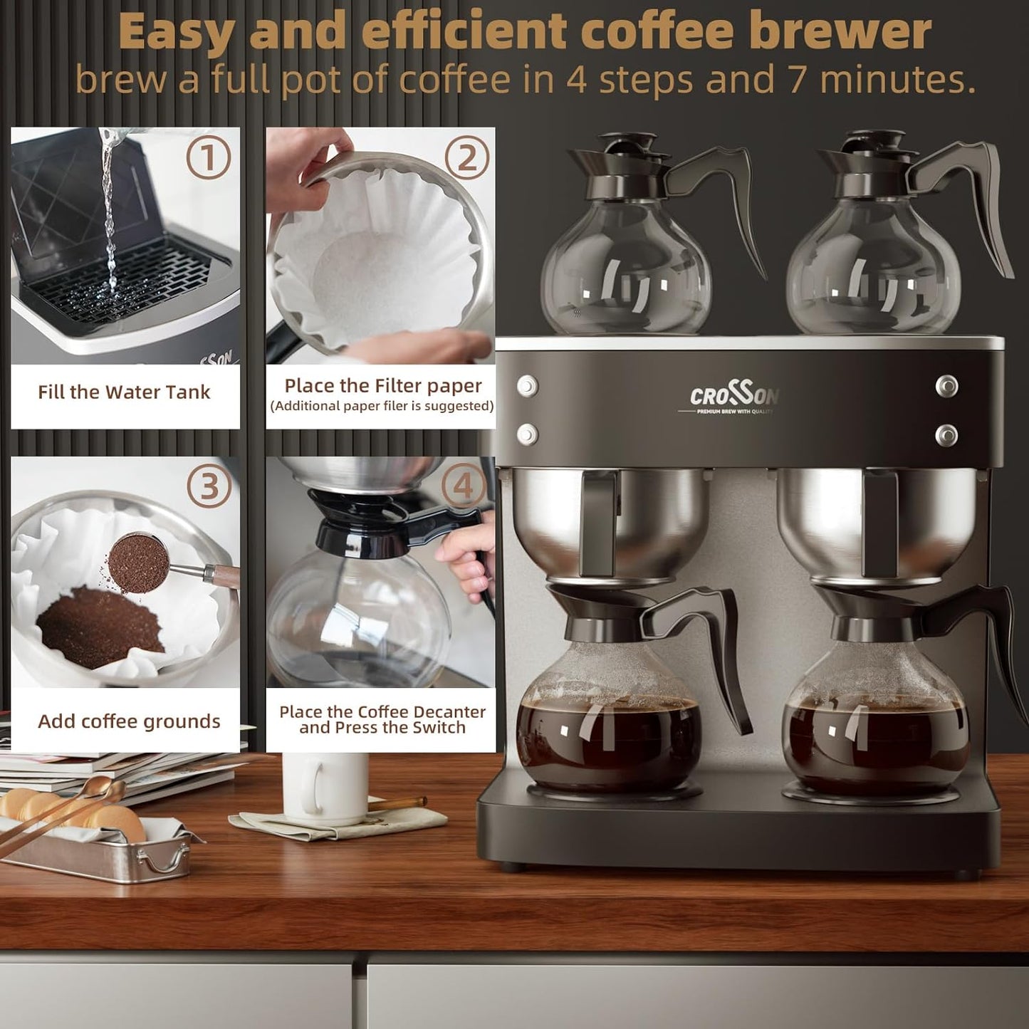 crosson 200 Cup/hour Commercial Drip Coffee Maker, 7.2L Pour Over Coffee Brewer with 4 Glass Decanter&Warmers and Easy Clean Fingerprint Free Housing and 304 Stainless Steel Funnel,