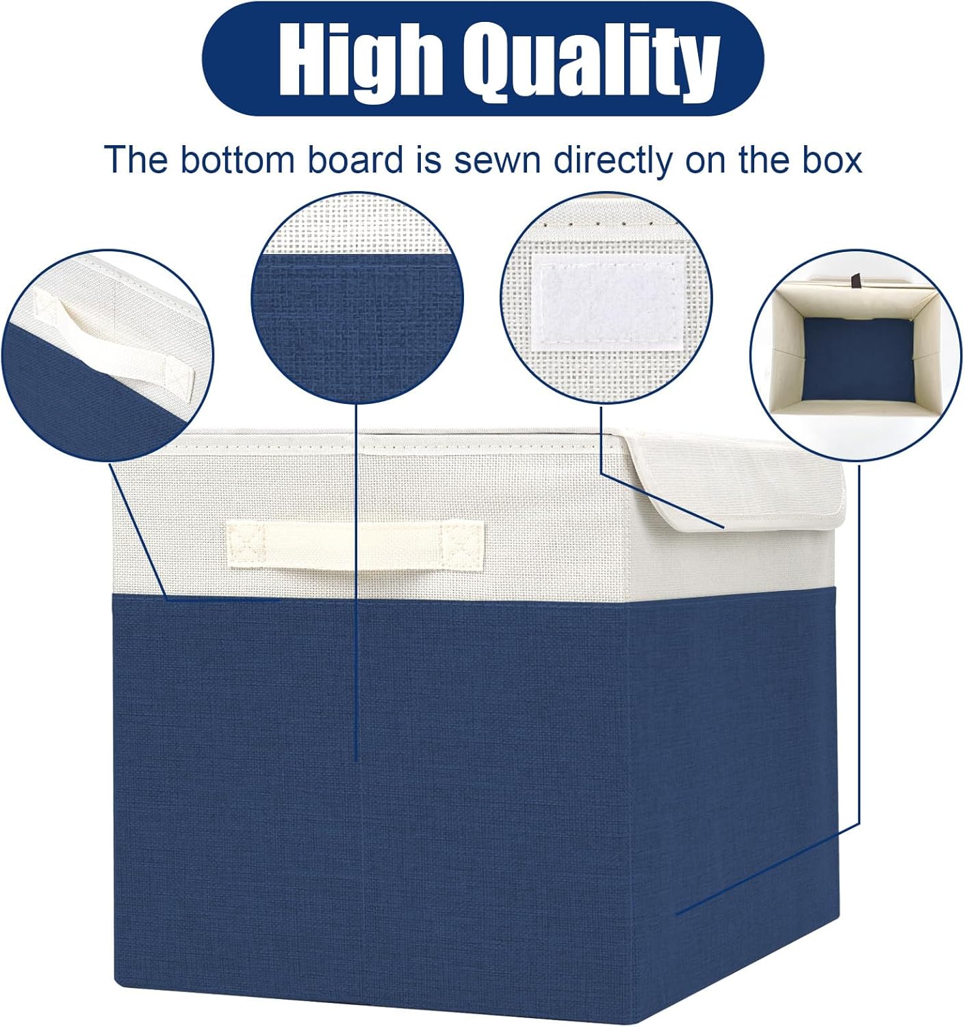 Large 17" 42 Quarts Collapsible Stackable Storage Bins with Lids [3-Pack] Foldable Fabric Linen Storage Boxes Cube, Closet Organizer Baskets with Label for Home (16.7 x 12 x 12", Navy Blue & White)
