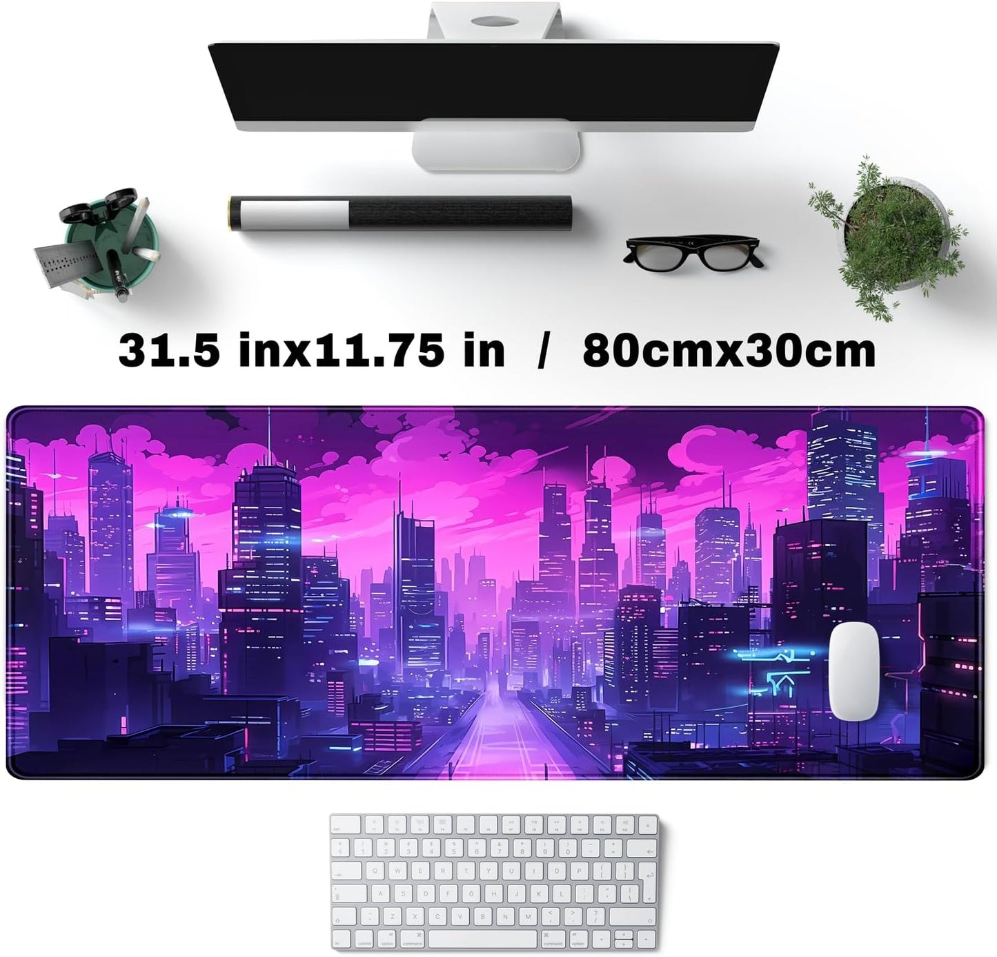 Desk Pad Cyberpunk Purple Desk Mat City Skyline Gaming Extended Mouse Pad Big Office Keyboard Pc Laptop for Women Large Mousepad with Stitched Eges Non-Slip Base Mouse Keyboard Mat 31.5x11.8 in