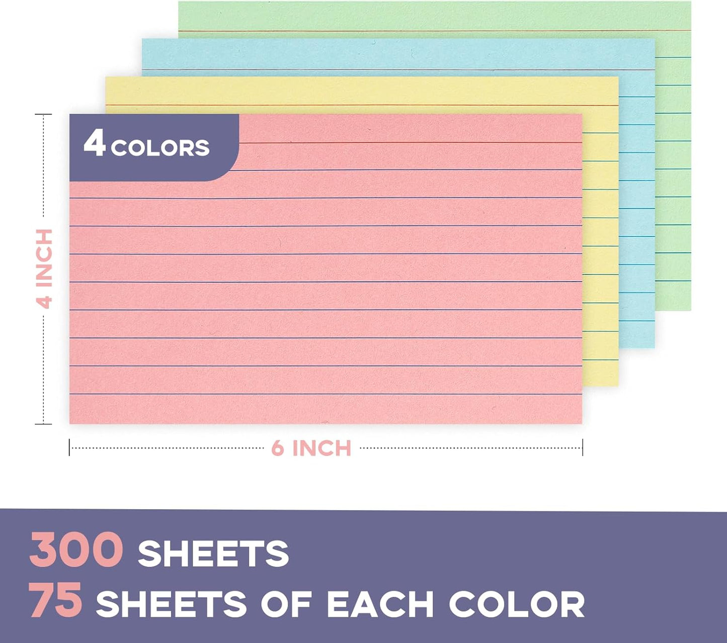 Colored 4x6 Index Cards Ruled-Goefun 300 Sheets Lined Note Cards 4 x 6 Color Flashcards for Studying, Note Taking, To Do List