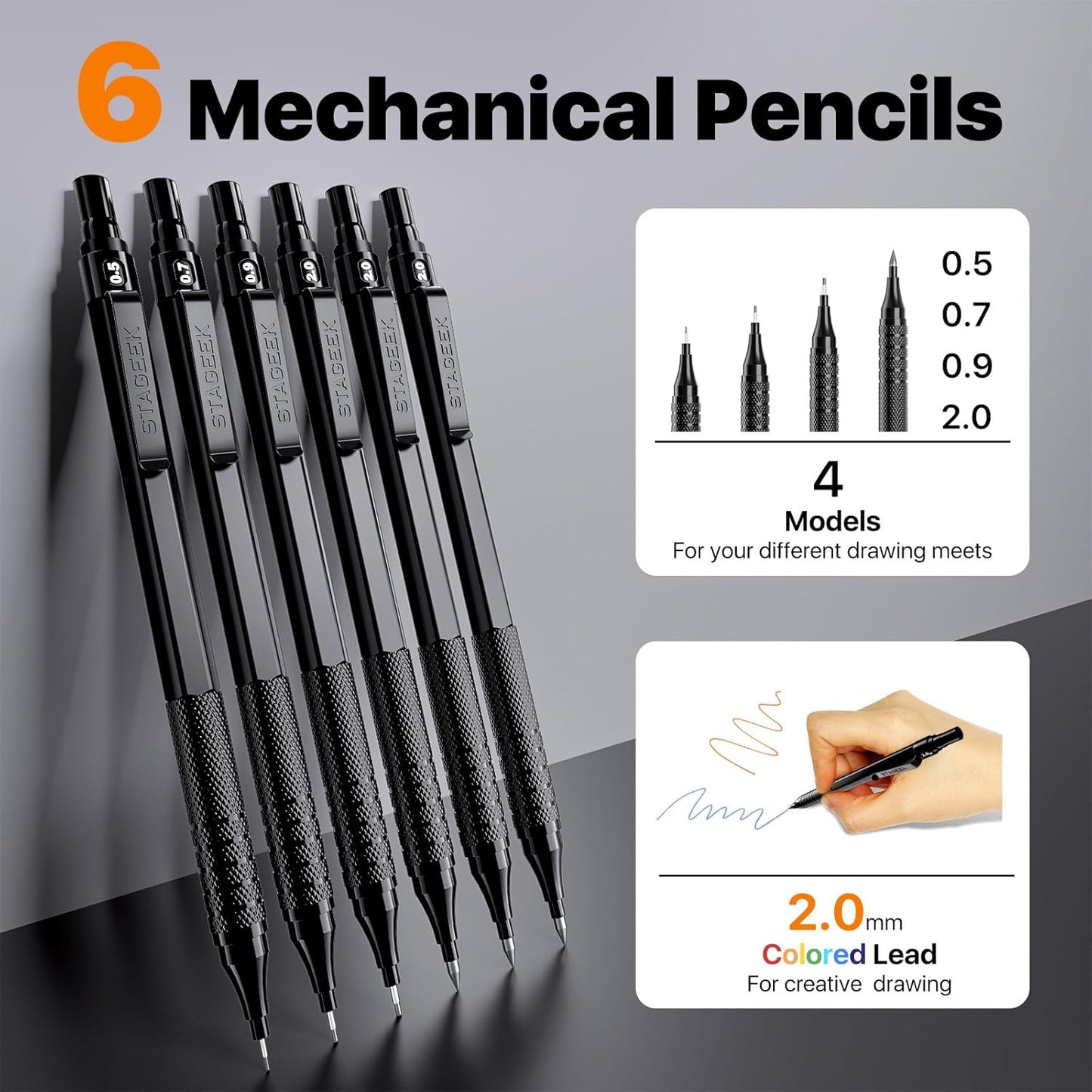 35PCS Black Art Mechanical Pencil Set in Case，0.5 0.7 0.9 2.0 Graphite Metal Drawing Drafting Pencils, Sharpener Erasers 384PCS Lead Refills (6B 4B 2B HB 2H 4H Colors) for Writing Sketching