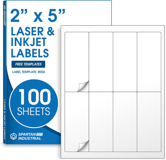 2" X 5" Matte White Shipping Labels Compatible with Inkjet and Laser Printers - 100 Sheets, 800 Printable Paper Stickers for Mailing, Packages, Addresses - Spartan Industrial