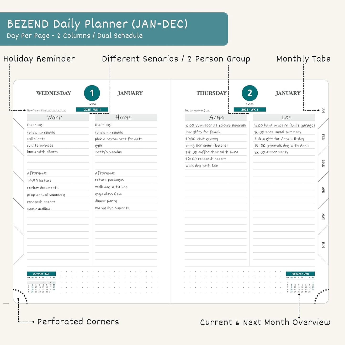 BEZEND Daily Planner 2026 (6" x 8.5") Full Page per Day Even Weekend (Jan-Dec) Monthly Calendar with Tabs, 2 Columns for Dual Schedule with Note, Vegan Leather Hardcover in Dutch Blue