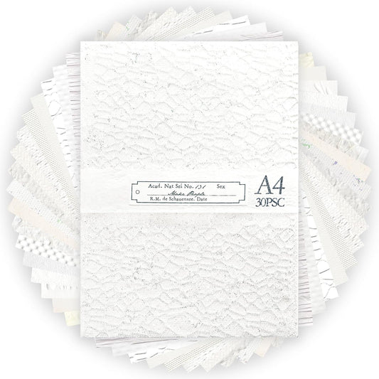 Aromoty 30 sheets Textured Scrapbook Paper&Mesh Fabric set - A4 Large Craft Mulberry Special Paper Mix for Scrapbooking White Junk Journal Supplies Card Materials Wedding Collage, 11.7x8.3 Inches
