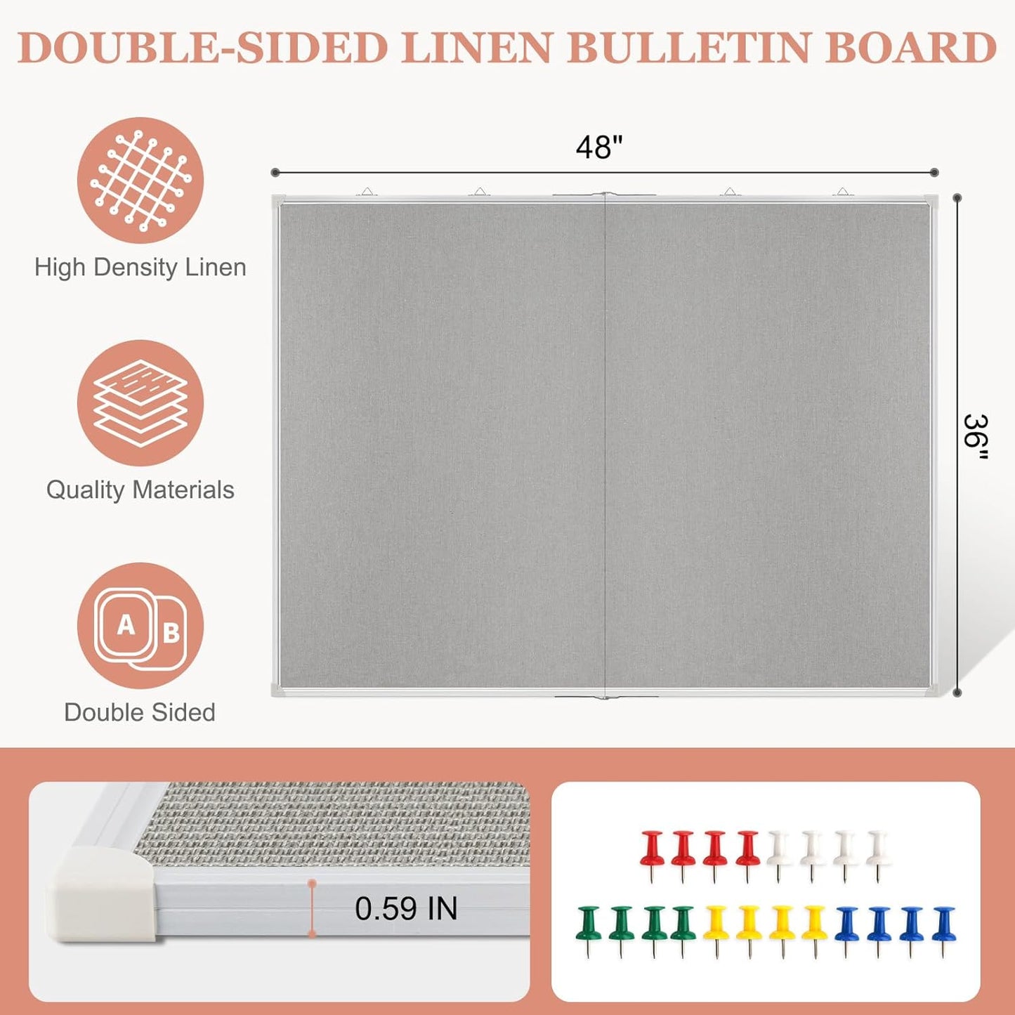 Double-Sided Large Cork Board with Linen, 60" x 40" Foldable Hanging Aluminum Framed Bulletin Board, Vision Board Pin Board Corkboards for Walls, Office, School Decor, 20 Pushpins