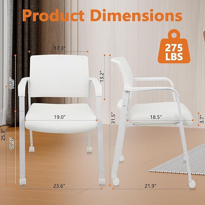 CLATINA Stacking Office Chairs with Wheels | Mesh Back, Thicken Leather Seat and Streamline Armrests, Ergonomic Lumber Support | School, Desk, Guest Reception, Waiting, Conference | Set of 8, White