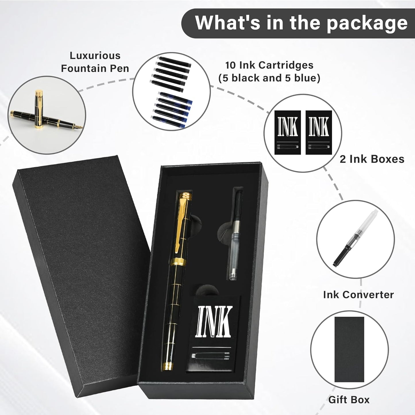 Fountain Pen Set, Medium Nib 0.5mm, Includes 10 Ink Cartridges & 2 Ink Refill Converters, Gift Case for Men & Women,Calligraphy Pen,Perfect Weight, Black.