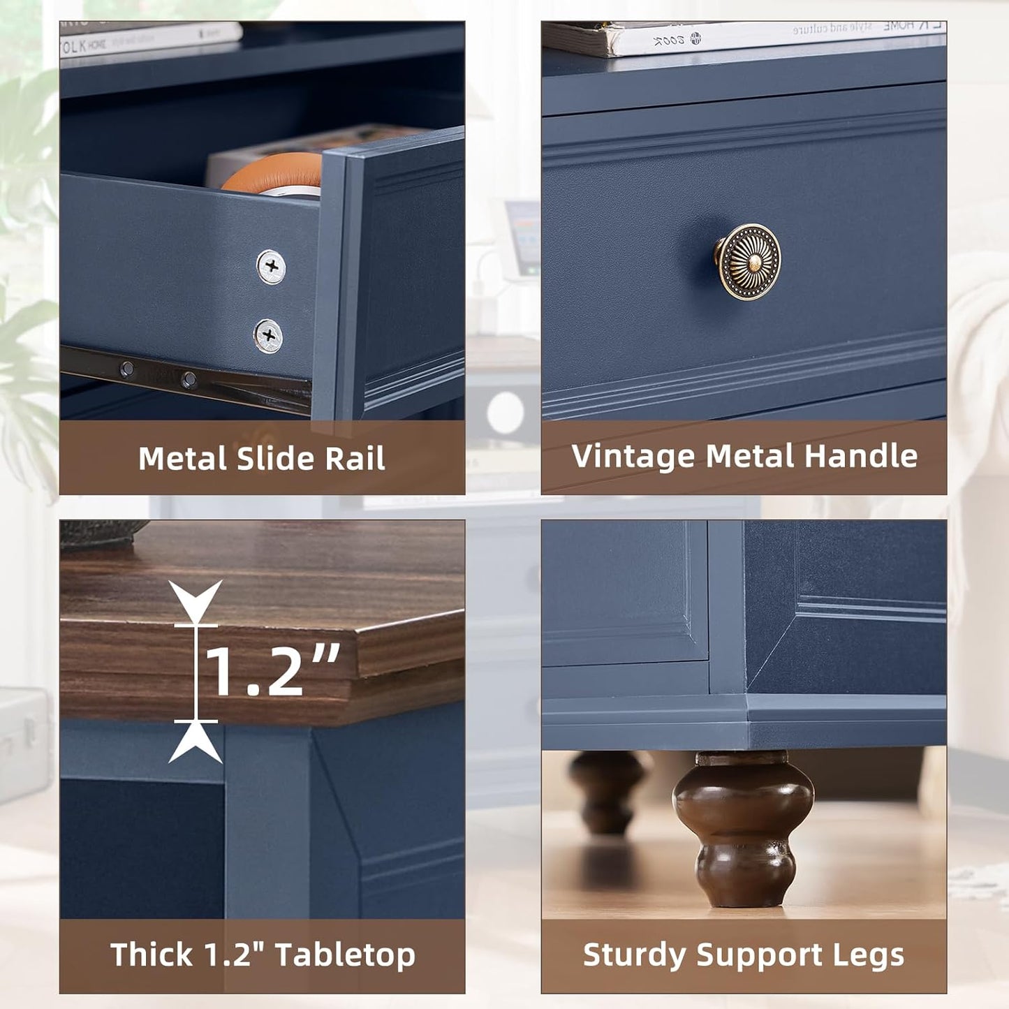 24" Wide Farmhouse Nightstand with Charging Station, End Table with 2 Drawers, Blue Wood Dresser for Bedroom Cabinet, Bed Side Table Chest of Drawers, Night Stand for Living Room, Closet