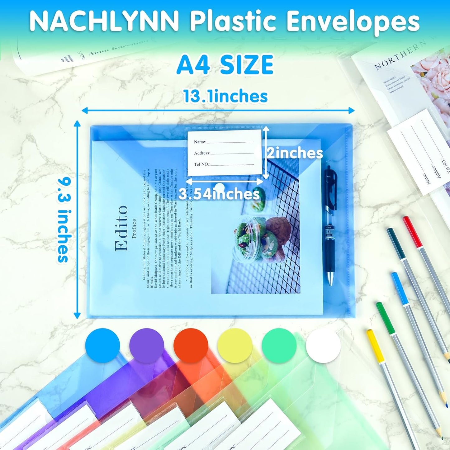 NACHLYNN 18 Pack Plastic Envelopes Plastic Folders with Snap Closure, 6 Colors A4 Size Clear File Envelopes with Label Documents Folders Organizers for Home Work Office Organization