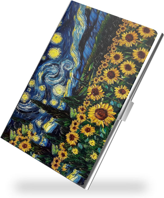 Business Card Metal Slim Organizer, Professional Stainless Steel Square Pocket Wallet for Office Workers, Compact and Portable for Pockets (Starry Sunflowers A)