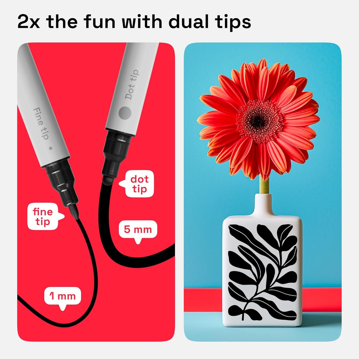 ARTISTRO 2 Black&White Dual-Tip Acrylic Paint Pens - Multisurface Markers for Fabric, Plastic, & More, 5mm Dot + 1mm Fine Tips