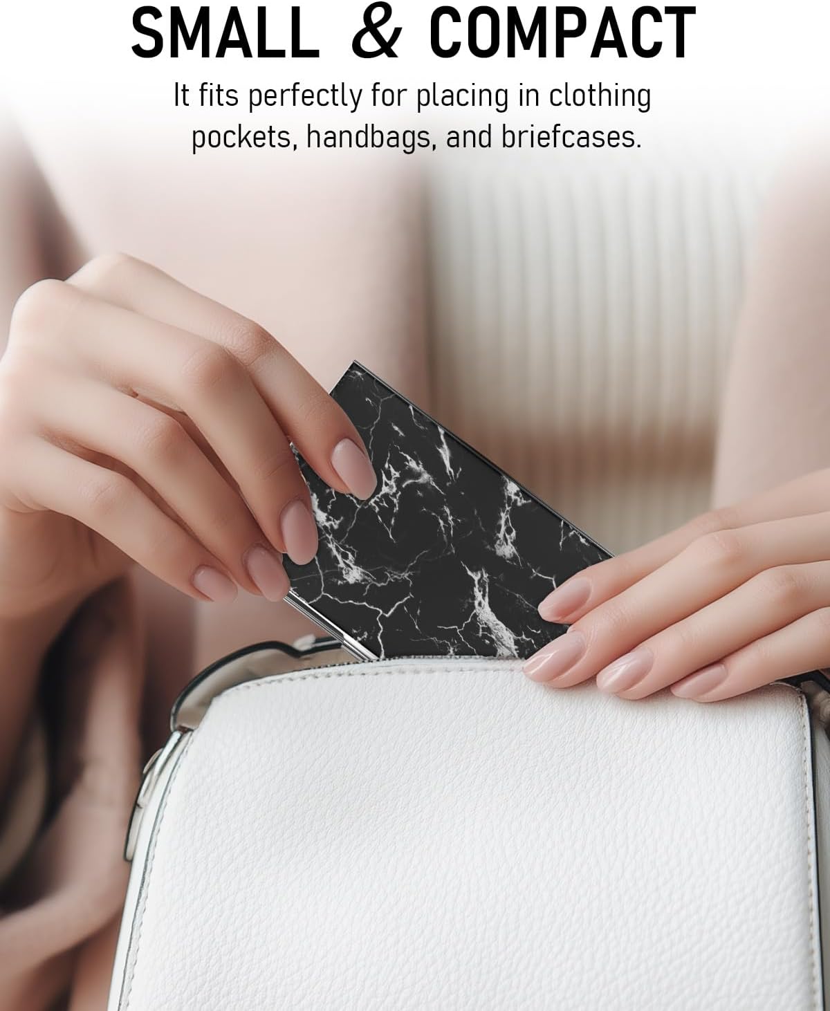 Business Card Metal Slim Organizer, Professional Stainless Steel Square Pocket Wallet for Office Workers, Compact and Portable for Pockets (Black Marble