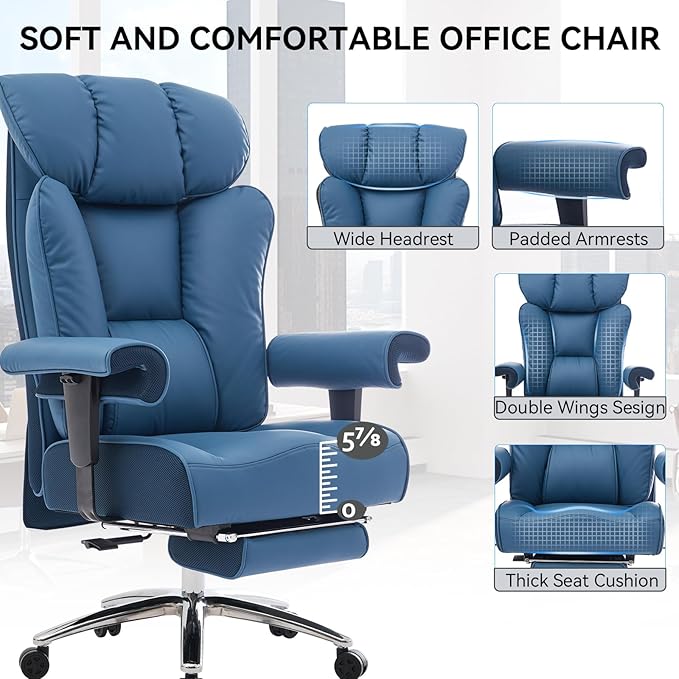 Efomao Ergonomic Office Chair 450LBS with Foot Rest, High Back PU Leather Big and Tall Executive Chair with Adjustable Padded Armrests, Lumbar Support for Home or Work, Heavy Duty Computer Chair, Blue