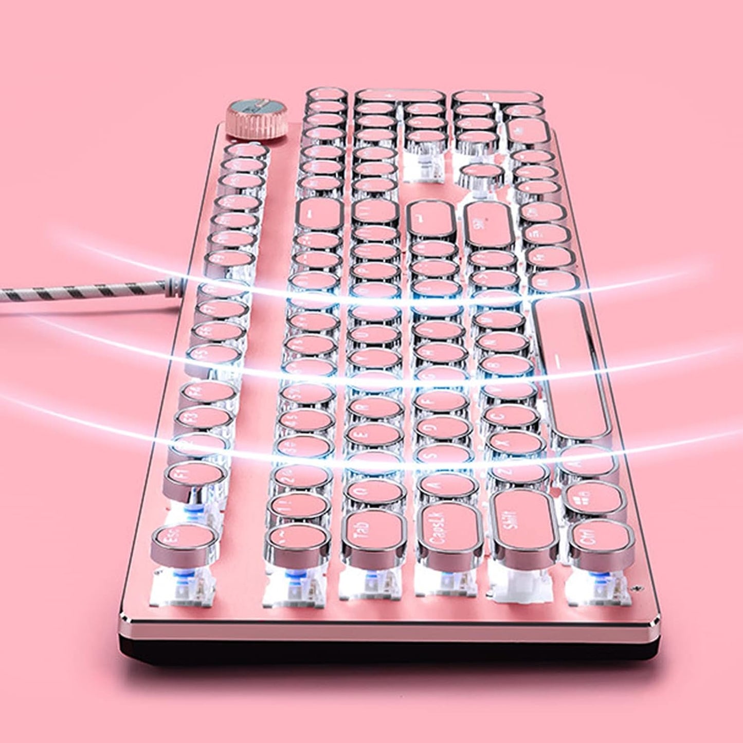 Basaltech Mechanical Gaming Keyboard and Mouse Combo, Retro Steampunk Vintage Typewriter-Style Keyboard with LED Backlit, 104-Key Anti-Ghosting Blue Switch Wired USB Metal Panel Round Keycaps, Pink